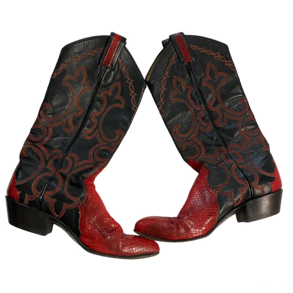 Women's Larry Mahan Black & Red Leather Cowboy Boots Size 6.5